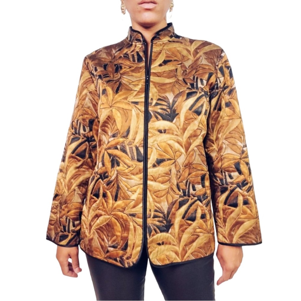 Gold Silk Full-Zip Jacket EUC S Chicos VTG Fronds Leaves Embroidered Curved Hem